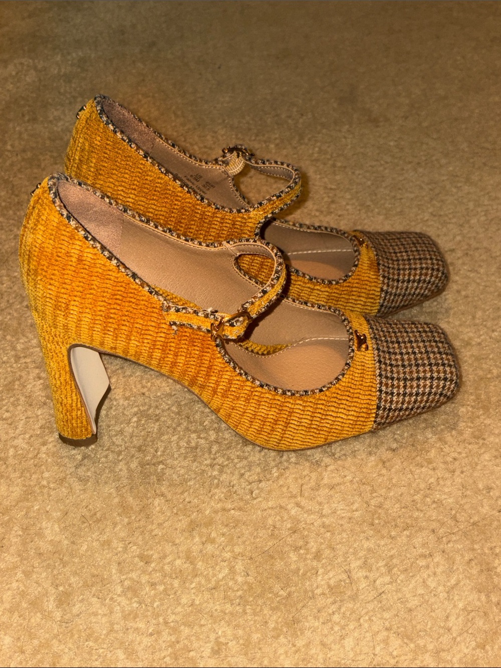 New Sam Edelman Circus Mustard Yellow Mary Jane Heels with Tweed Cap Toe